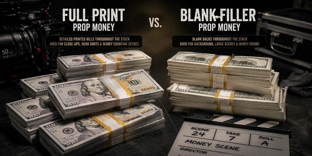 Side-by-side comparison of full-print and blank-filler prop money stacks on a film set