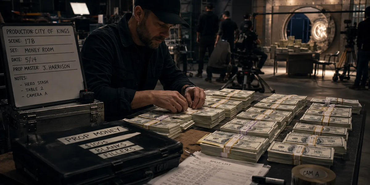 Prop master organizing bundled prop money on a film set beside a shot list