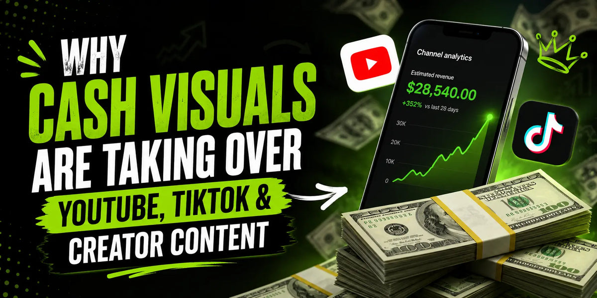 Graphic about cash visuals in creator content with YouTube and TikTok icons, a phone, and prop bills