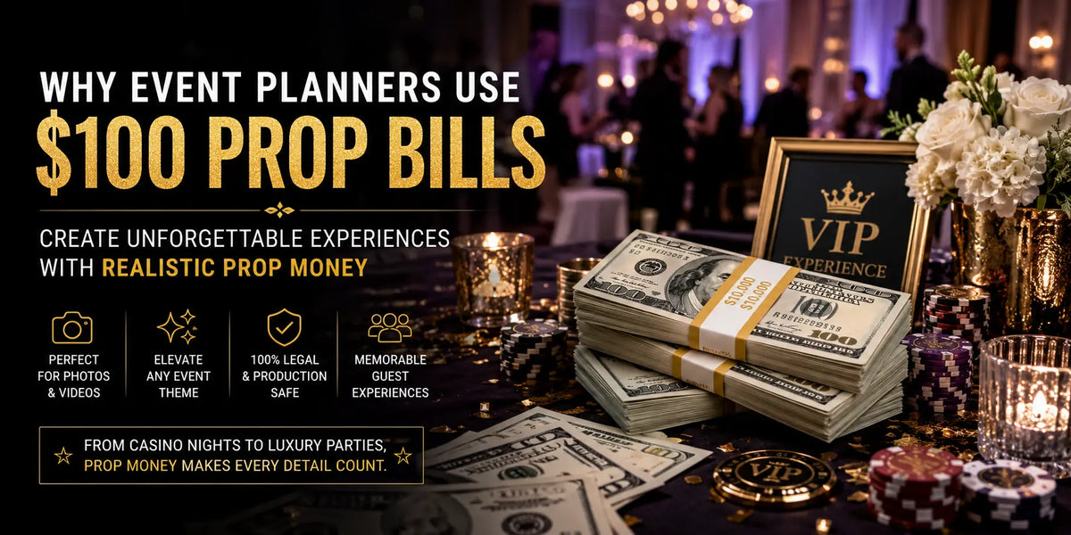 Event table with stacks of $100 prop bills, casino chips, flowers, and a VIP sign