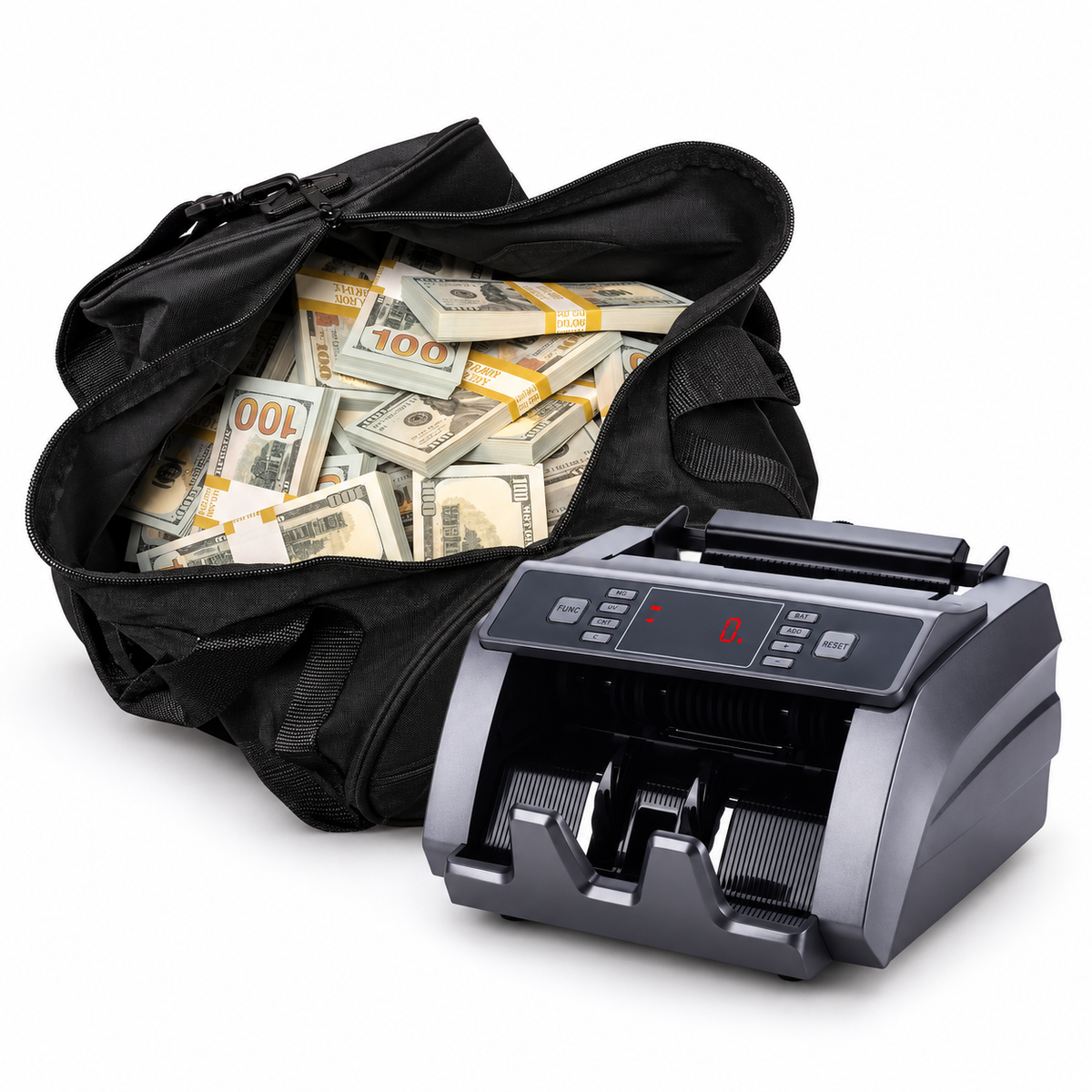 Prop Money Kits with Full Print prop money, a duffel bag, and money counter