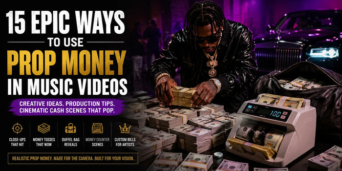 Cinematic music video scene with prop money stacks, a money counter, duffel bag cash reveal, luxury car, and artist styling for music video cash scene ideas.