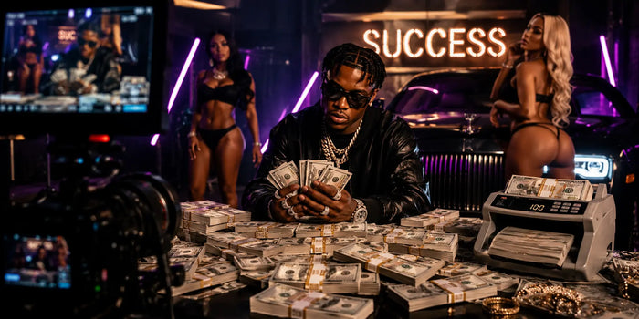 Realistic blank filler prop money stacks spread across a luxury music video set with cinematic lighting, cash piles, recording studio visuals, and production-ready fake money used for filming high-end music videos.