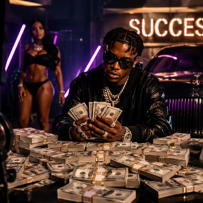 Realistic blank filler prop money stacks spread across a luxury music video set with cinematic lighting, cash piles, recording studio visuals, and production-ready fake money used for filming high-end music videos.