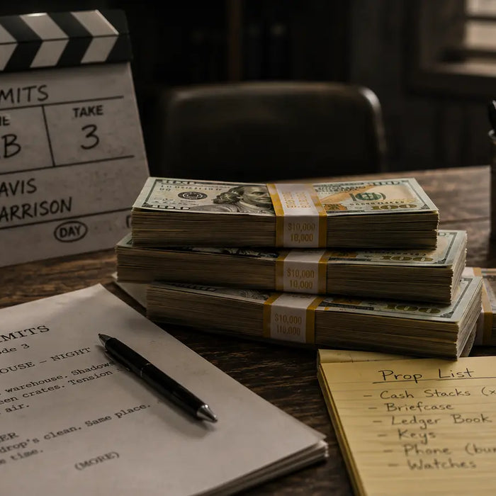 Realistic movie props including prop money stacks, RealAged cash, and cinematic production props used in film and television filmmaking