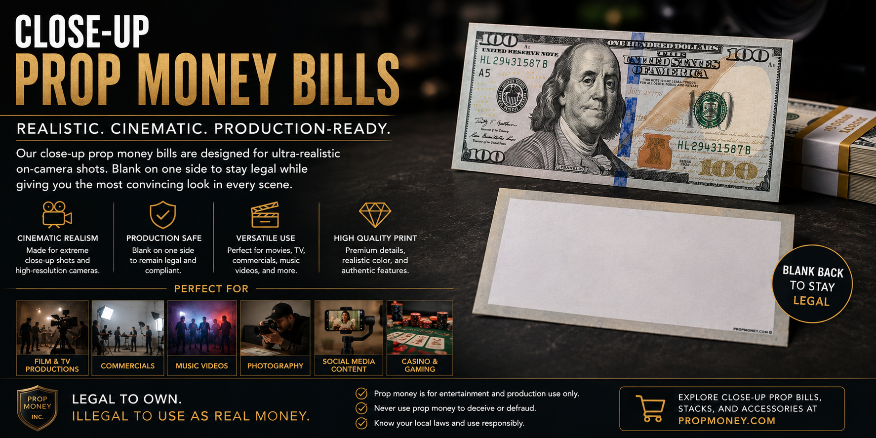 Close-up prop money hero bills used in cinematic movie scenes, luxury photography, music videos, and realistic cash productions