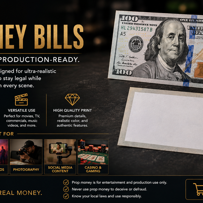 Close-up prop money hero bills used in cinematic movie scenes, luxury photography, music videos, and realistic cash productions