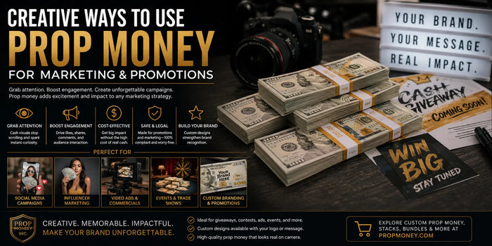 Realistic prop money stacks used in luxury marketing campaigns, influencer content, social media advertising, and branded promotional productions