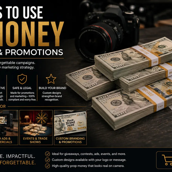 Realistic prop money stacks used in luxury marketing campaigns, influencer content, social media advertising, and branded promotional productions