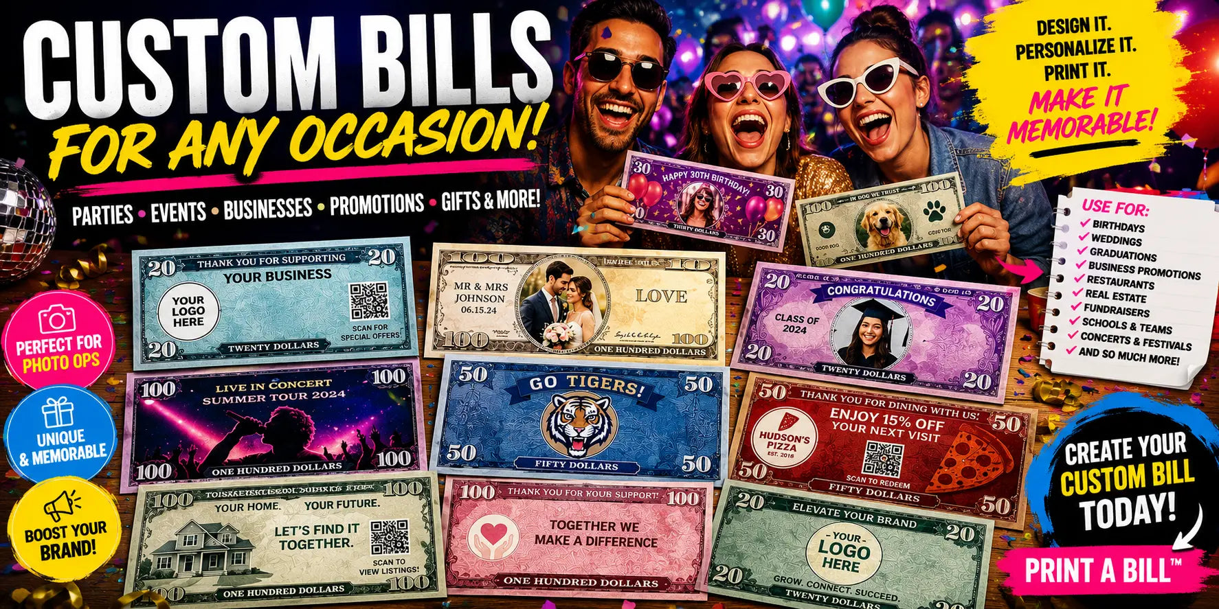 Custom prop money bills with photos, logos, QR codes, event designs, business promotions, wedding money, graduation money, and party bills arranged on a festive table.