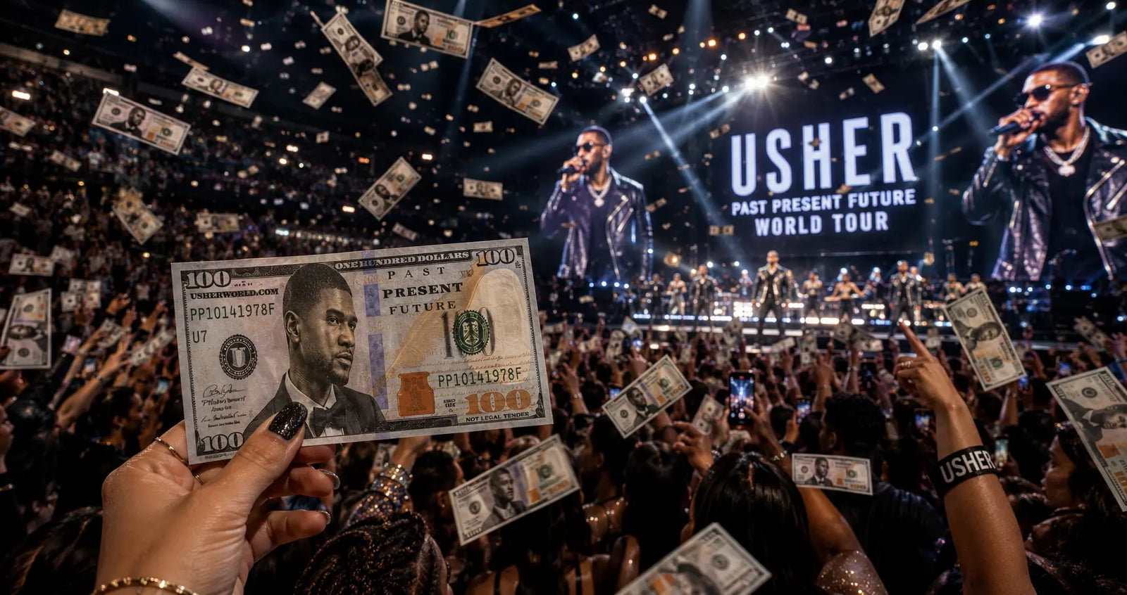 Fan holding custom Usher concert prop money while branded bills float through a packed arena crowd during a live world tour performance.