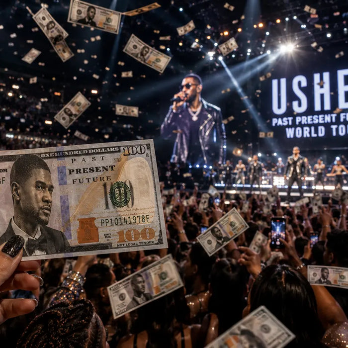 Fan holding custom Usher concert prop money while branded bills float through a packed arena crowd during a live world tour performance.