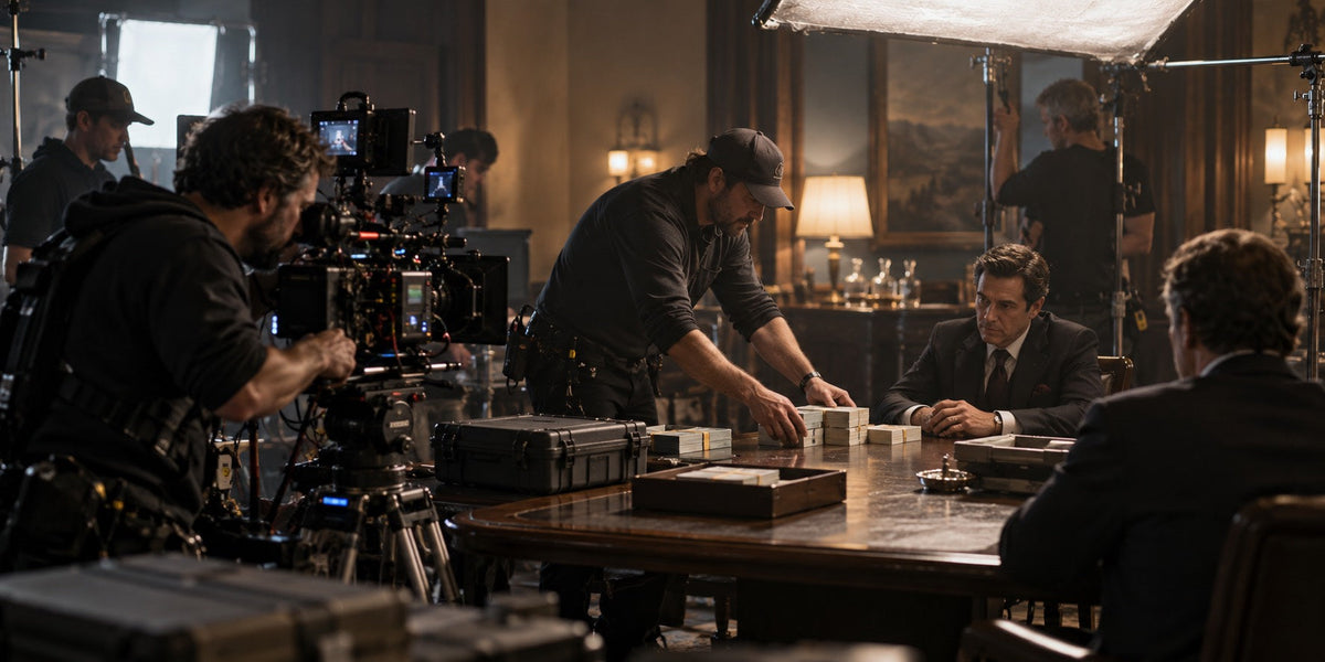 Film crew stages a cash scene while a prop master arranges bundled prop money on a table.
