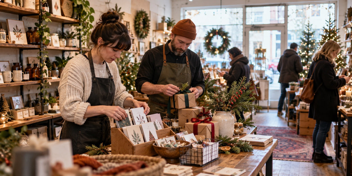 Small-business staff prepare holiday gift packages and promotional handouts in a neighborhood shop.