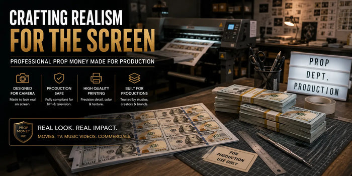 Close-up realistic prop money stacks and cinematic fake cash used in movies, TV shows, music videos, casino scenes, and film productions