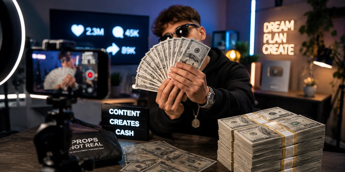 Influencer creating luxury-themed social media content with realistic prop money stacks, cinematic fake cash visuals, close-up hero bills, and viral TikTok-style lifestyle production setup