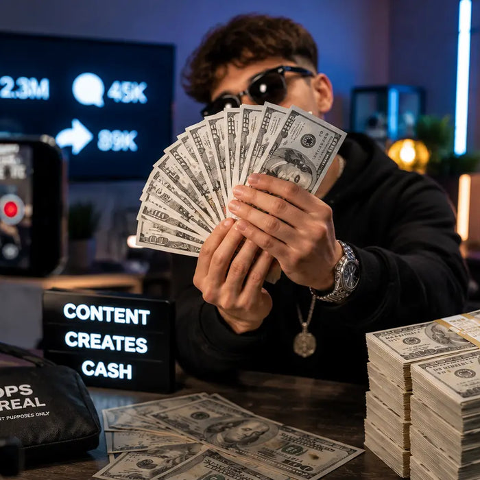 Influencer creating luxury-themed social media content with realistic prop money stacks, cinematic fake cash visuals, close-up hero bills, and viral TikTok-style lifestyle production setup