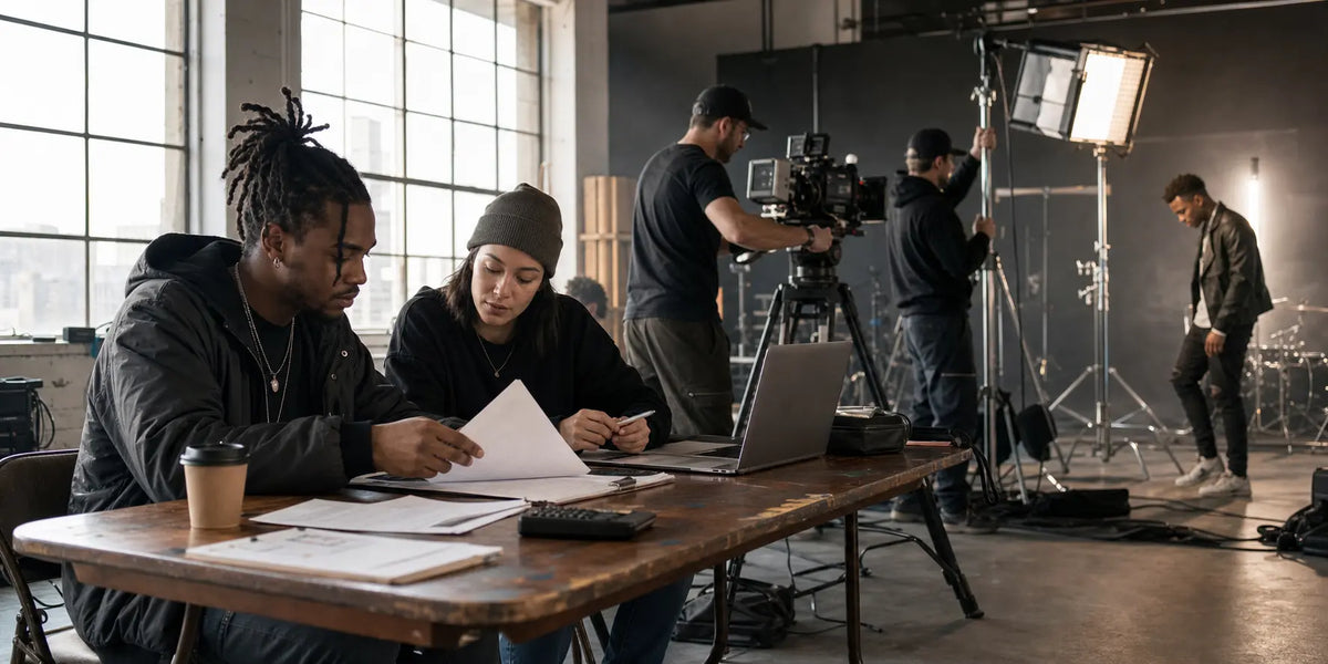 Independent artist and producer reviewing a music video budget while a professional camera and lighting crew prepares the production set.