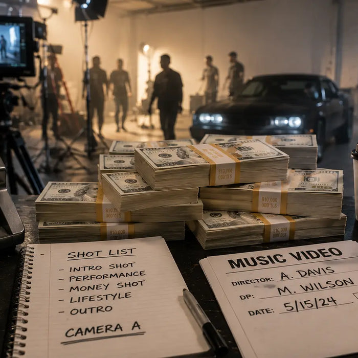 Behind-the-scenes music video production setup with realistic prop money stacks, studio lighting, filming equipment, and cinematic production notes on set.