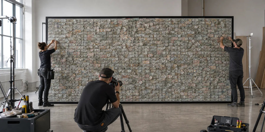 Set decorators finish a large wall covered with prop bills while a photographer frames the shot.