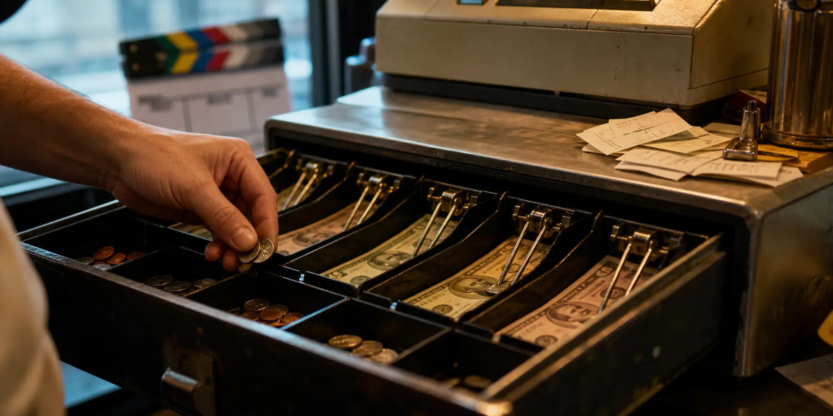 Open vintage register drawer with mixed prop bills and coins on a working film set.
