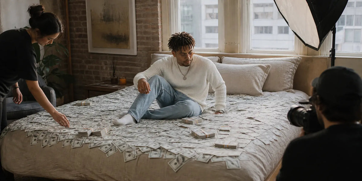 Artist poses on a bed covered with prop bills during a professional photoshoot.
