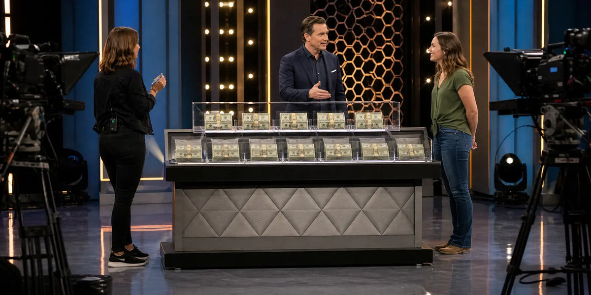 Host and contestant rehearse beside a camera-ready prop money display on a game-show set.