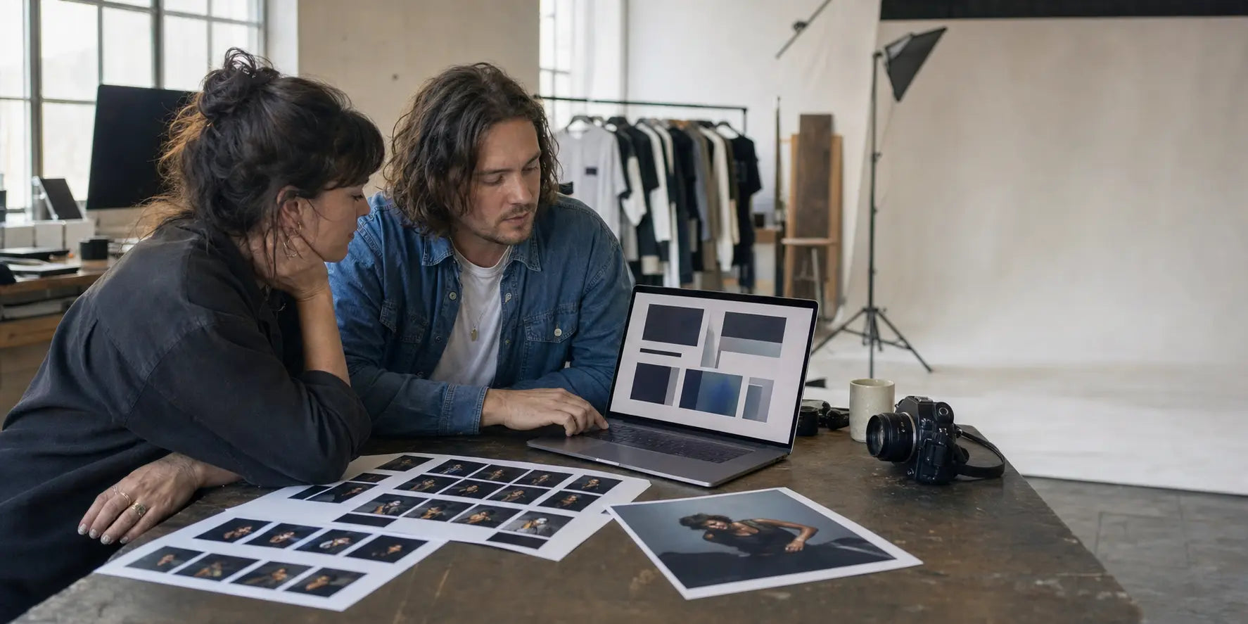 Musician and creative collaborator selecting press photos and assembling an electronic press kit.