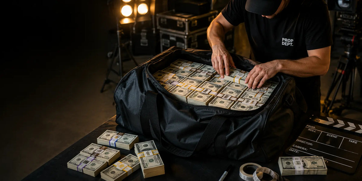 Production crew member loading realistic prop money stacks into a large duffel bag on a professional film set with studio lights, camera equipment, and movie production gear.