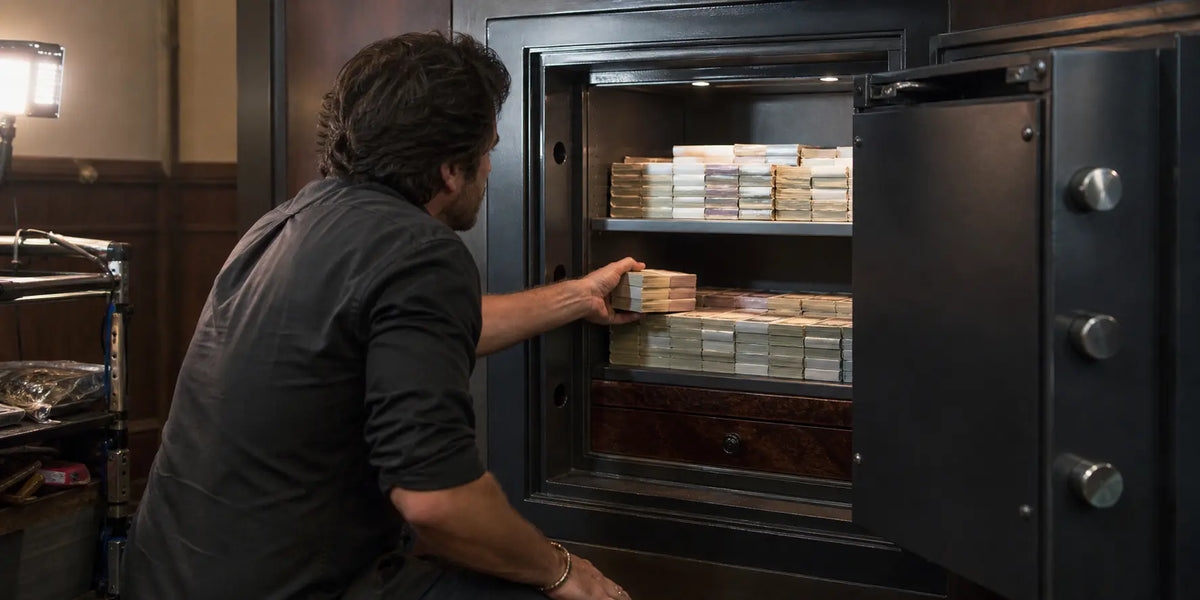 Set decorator places stacks of prop money inside an illuminated safe for a film scene.