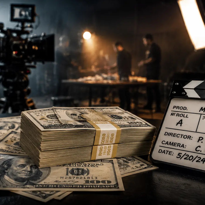 Realistic prop money printing process with cinematic fake cash, full print bills, RealAged® prop money, close-up hero bills, and professional movie money used in films, music videos, and photography
