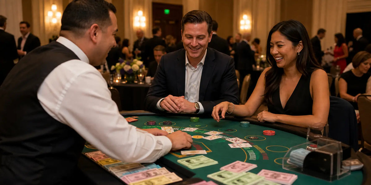 Guests play a casino table game with colorful event prop money at a formal fundraiser.