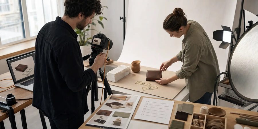 Small-business owner and photographer planning and styling a wallet photoshoot with prop bills.