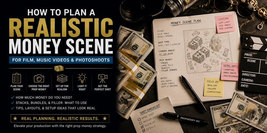 Top-down production planning desk with prop money stacks, shot notes, lighting reminders, camera gear, and a clapperboard for planning a realistic money scene.