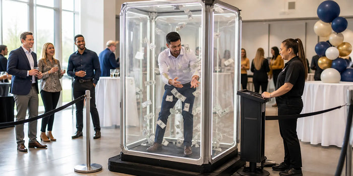 Participant catches flying prop bills inside a staffed cash-grab booth at an event.