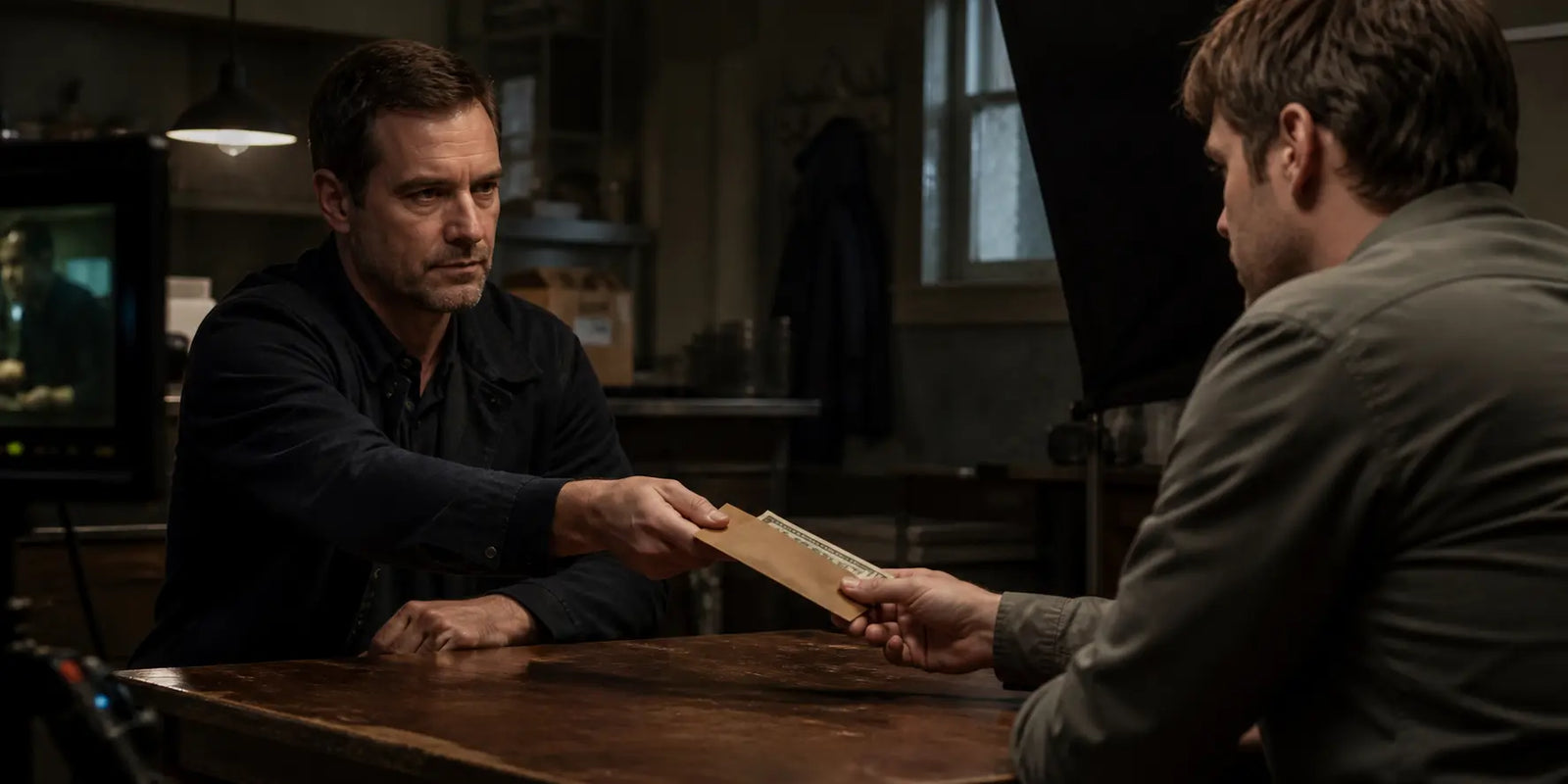 Actors exchange an envelope containing prop money during a dramatic film scene.