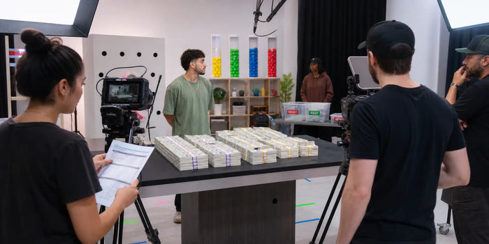 Creator production team prepares stacks of prop money for a controlled YouTube challenge shoot.