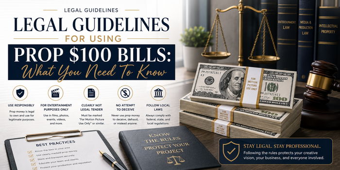 Professional legal-themed prop money banner featuring realistic $100 prop bills marked for motion picture use, scales of justice, entertainment law books, and premium editorial lighting focused on legal compliance for film and production use.