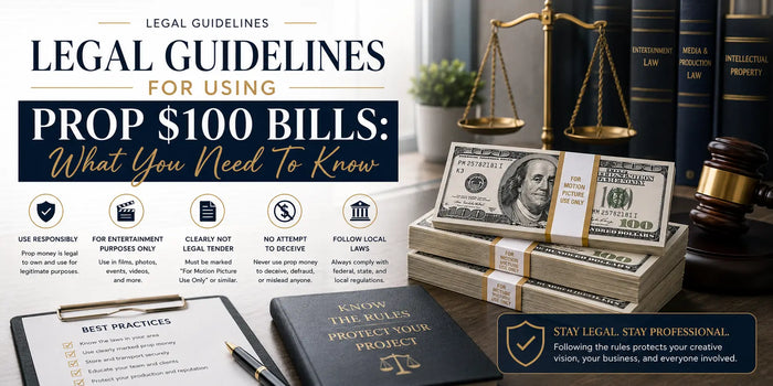 Legal prop 100 dollar bills used in movies, TV shows, music videos, and film productions for realistic cinematic cash scenes