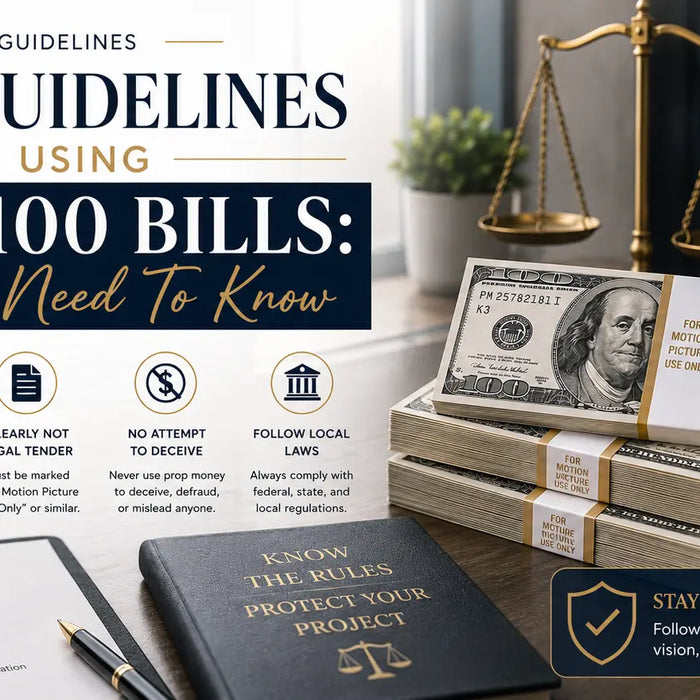 Legal prop 100 dollar bills used in movies, TV shows, music videos, and film productions for realistic cinematic cash scenes