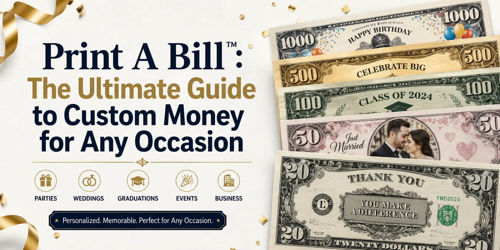 Custom Print A Bill money design featuring personalized bills with photos, logos, QR codes, business branding, event promotions, weddings, graduations, fundraisers, pets, schools, and creative custom money ideas.