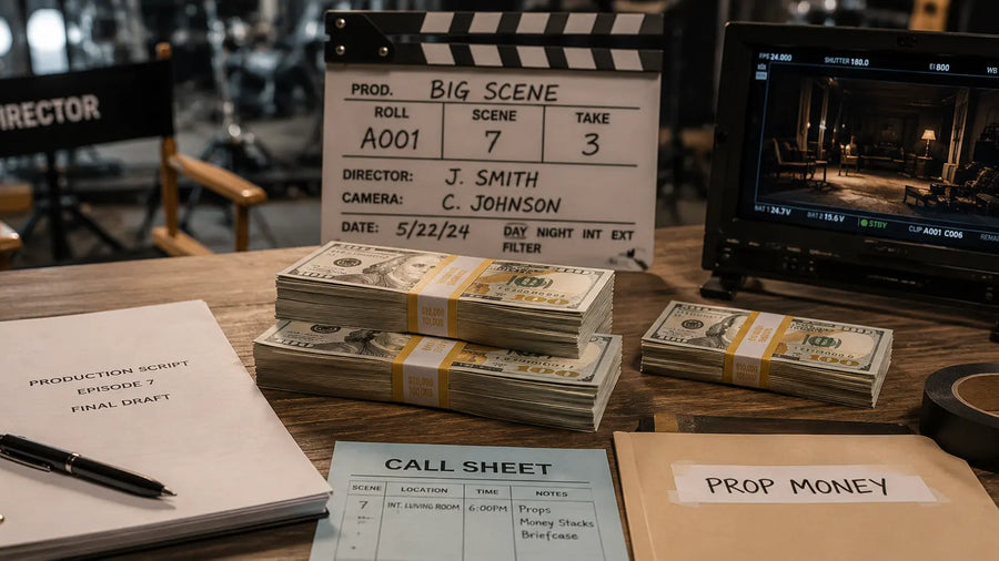 Realistic prop money stacks and cinematic cash props used in major movies, Netflix shows, HBO productions, music videos, and television filming