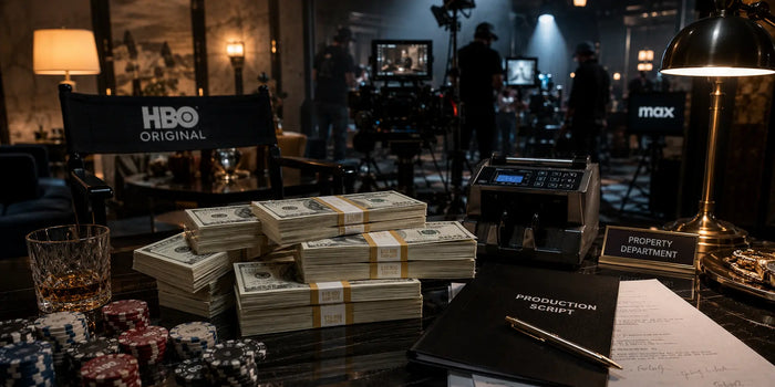 HBO and Max production set featuring realistic prop money stacks, RealAged bills, and cinematic cash props used in television filming and entertainment productions.
