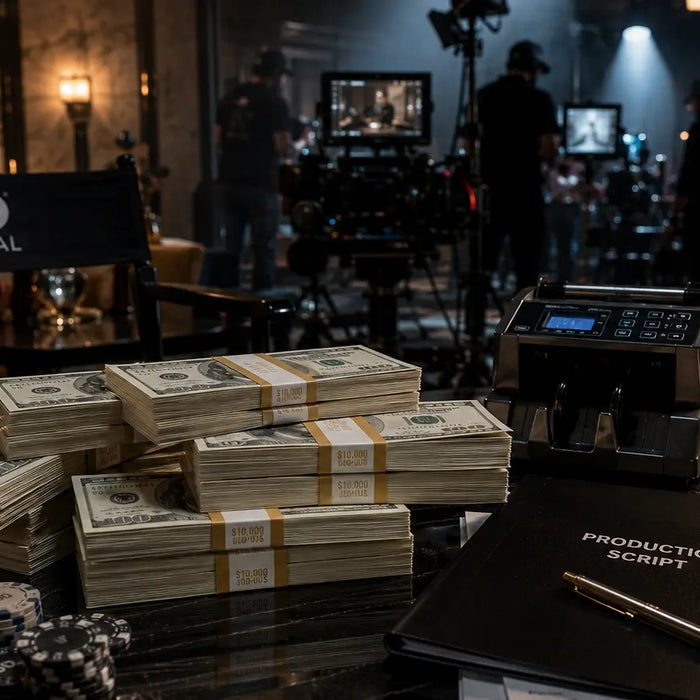 HBO and Max production set featuring realistic prop money stacks, RealAged bills, and cinematic cash props used in television filming and entertainment productions.