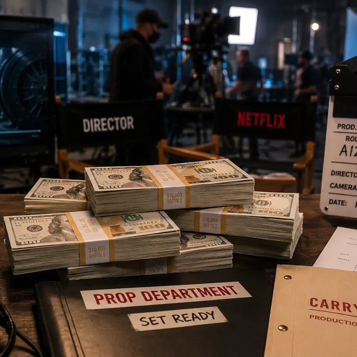 Realistic prop money stacks and cash bundles used in Netflix movie and TV productions for cinematic filming scenes