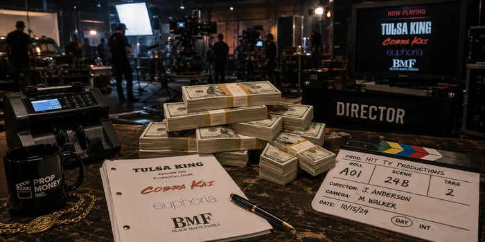 Prop money stacks and production cash used in hit television productions including Tulsa King and Cobra Kai for cinematic filming and on-set entertainment scenes.