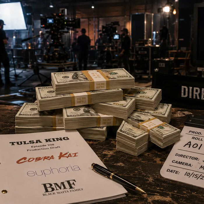 Prop money stacks and production cash used in hit television productions including Tulsa King and Cobra Kai for cinematic filming and on-set entertainment scenes.
