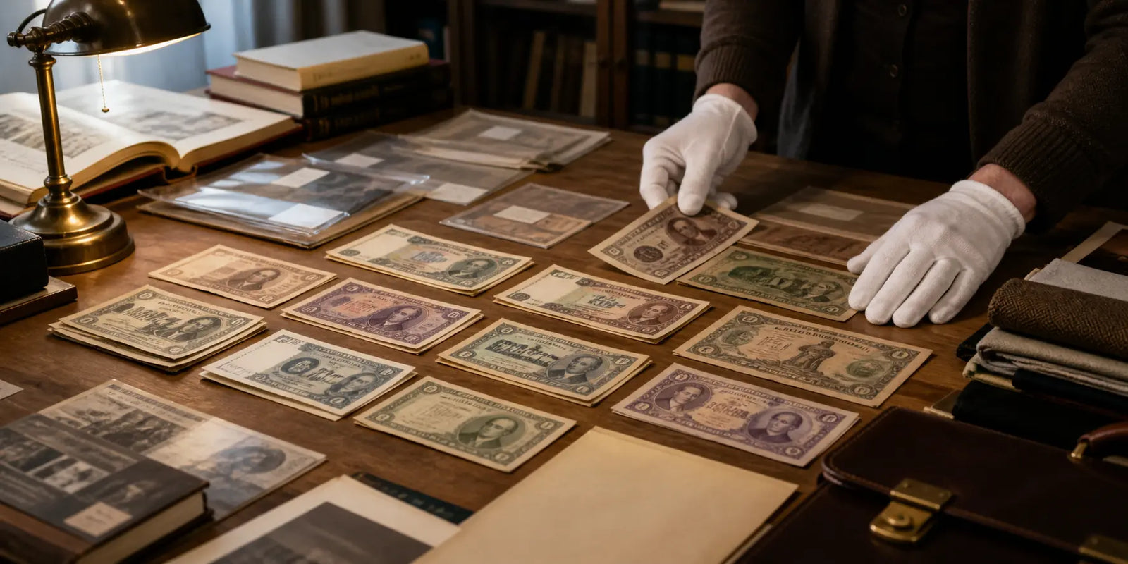 Prop master compares vintage-style bills and reference materials for a period film.