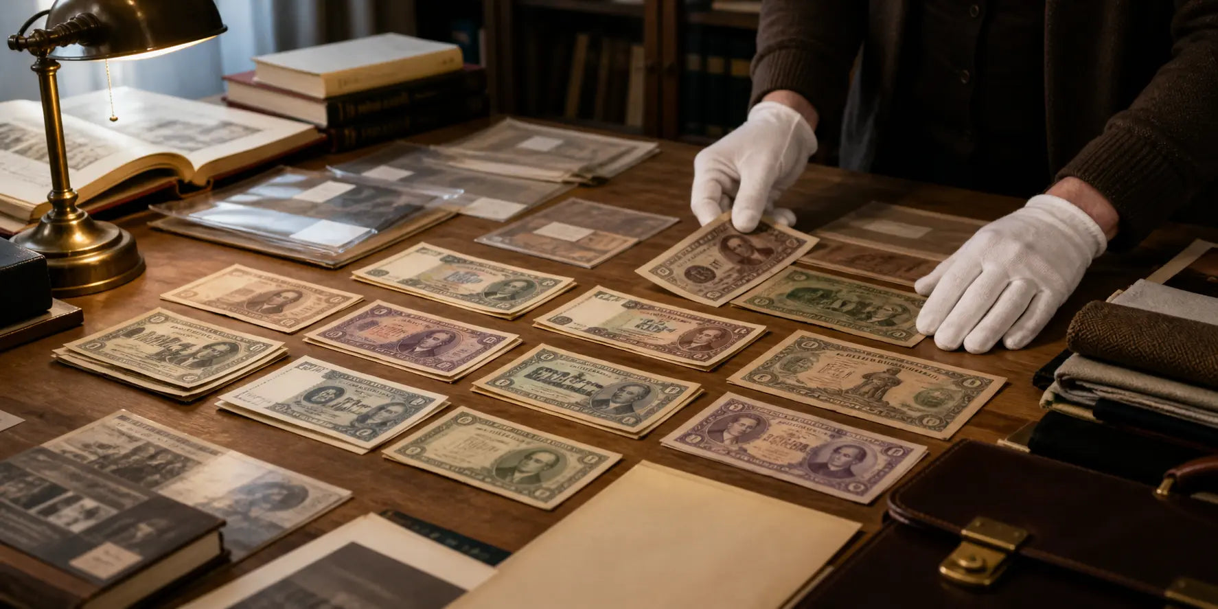 Prop master compares vintage-style bills and reference materials for a period film.