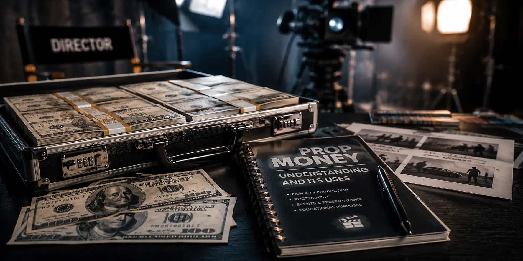 Realistic prop money stacks and cinematic fake cash used in movies, TV shows, music videos, photography, commercials, and entertainment productions
